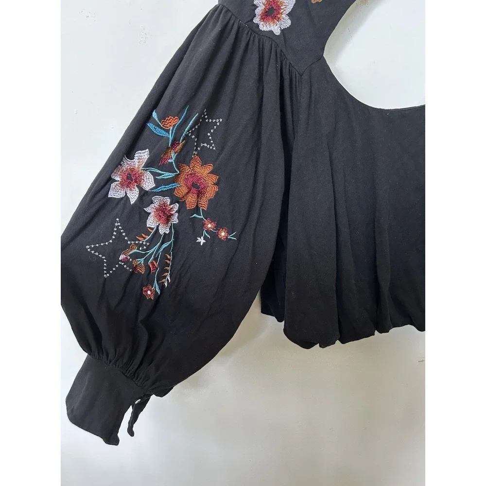 Free People Lita Embroider Top L Black Floral Boho Balloon Sleeve Cutout Blouse